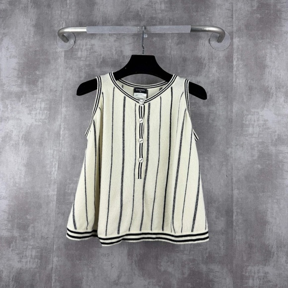 CHANEL Tops - 🚩steal authentic Chanel Cream and Black Striped Tank Top